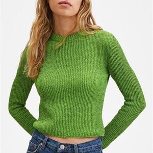 Mango Green Crew Neck Ribbed Sweater